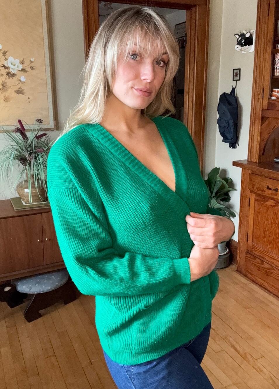 Vintage Unisex SteppingStones Knit Sweater XL 70s Wool Kelly Green Academia